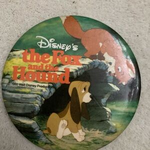 Disney The Fox and the Hound Pin with Orange Title and Green Scenic Art